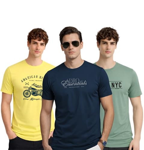 Image of ADRO Mens Printed T-Shirts Pack of 3 | 100% Cotton Regular Fit Graphic Tshirt | Breathable Stylish Casual T Shirt Gym Travel Summer T Shirts