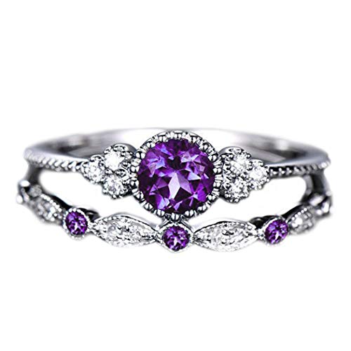 Brishow Wedding Statement Ring Silver Fashion Rings Band Engagement Eternity Wedding Bands Stainless Steel Cubic Zirconia CZ Bands Set for Women and Girl Size 5-10 (2 PCS) (Purple, 5)