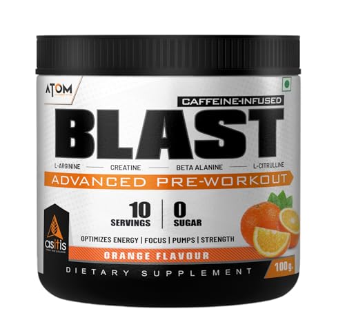 Image of Asitis Nutrition Atom Blast Advanced Pre-Workout Powder - 100Gms, Orange, Caffeine & L- Arginine Infused, Optimizes Energy, Increase Strength & Pumps