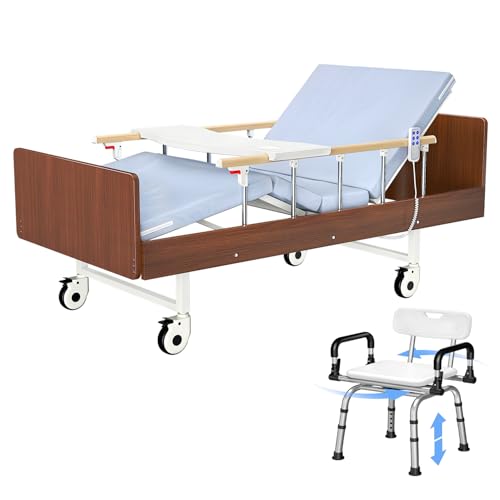 Fully Electric Hospital Bed for Home Use with Premium Mattress and Rails and Shower Chair, Adjustable Bed, HomeCare Hospital Beds Set, 76.8" x 37.8" H