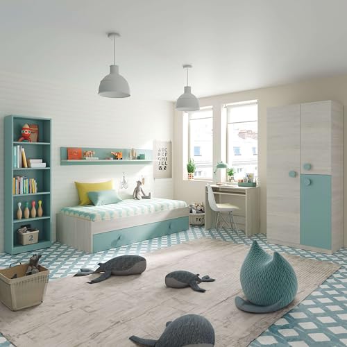 Miroytengo Dormitorio Completo para Habitación Juvenil o Infantil en Color Verde y Blanco con un Somier Incluido