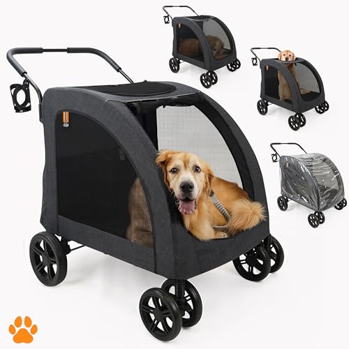 MY DUQUE - Carrello per cani Chester - Passeggino per cani di grossa taglia, passeggino per gatti, spazioso, trolley comodo, comprensivo di parapioggia, portabevande, carico max 50 kg, colore nero
