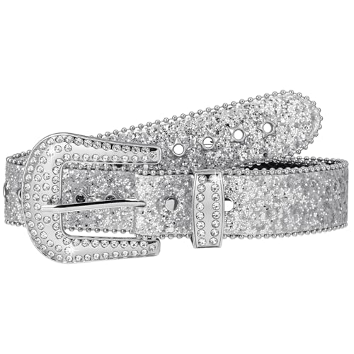 Western Cowboy Style Rhinestone Belts for Women, Western Cowgirl Sparkly Silver Leather Sequin Belts Luxury Bling Diamond Crystal Studded Belt for Jeans Pants Dress(40.94×1.50 Inches）