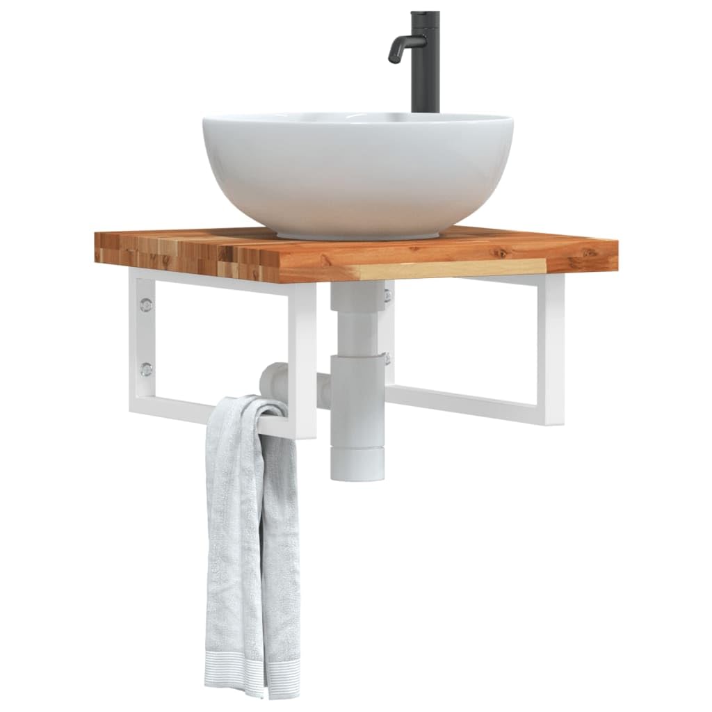 Estantería para lavabo de pared de acero y madera de acacia con estante de 50 x 50 cm, soporte blanco, ahorra espacio para el baño, espacio de almacenamiento y organizador en el lavabo