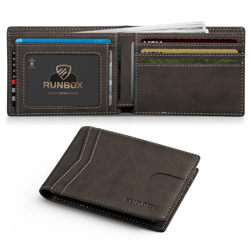 Image of RUNBOX Wallet for Men Slim Leather Bifold RFID Blocking Minimalist Front Pocket Design with Gift Box | Minimalist Front Pocket Design, Holds 8 Cards, RFID Protection, Gifts for Men on Birthdays, Father's Day, and Christmas