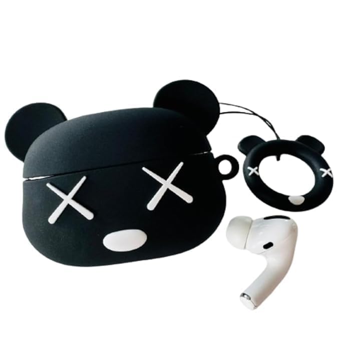 Image of Dezet Cute Soft Silicone Pouh Case for Airpods Pro GEN-2 (2022) � 3D Cartoon Animal Character Cover with Keychain Ring, Shockproof & Dustproof Protective Case for Kids & Girls (BLK Bear)