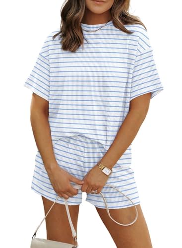 Image of MARZXIN Women 2 Piece Shorts Set 2026 Casual Summer Cruise Outfits Ribbed Loose Short Sleeve Pocket Matching Lounge Sets