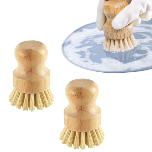 NICKLIN Vegetable Brush Wooden Dish Brush,2Pcs Natural Sisal Bristles Wooden Scrub with Handle for Potato,Dish,Pot,Cast Iron Pans,Kitchen Sink