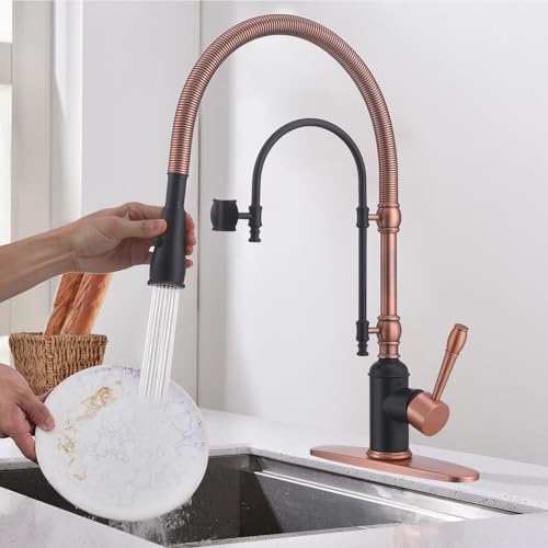 Image of Classical Commercial Copper Kitchen Faucet, Single Handle Spring High Arc with 360 Swivel Pull Down Spray, Finish & Deck Plate for Farmhouse Sink, Black+Red Copper