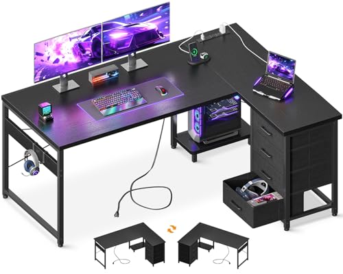 AODK L-Shaped Gaming Desk with Drawers and USB Port