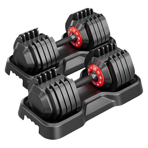 Pair of Adjustable Dumbbells 10-in-1 55 lbs Free Weight for Home Gym - Sports Fitness Equipment Women Men Training Set