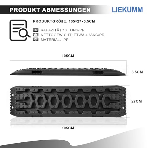 LIEKUMM 2 Stücke Sandbleche Offroad, 105 x 27 cm Sandbleche Wohnmobil, 10 T Tragkraft Kunststoff Traktionsmatte Pannenhilfe Reifenleiter für PKW LKW Geländewagen, Sandboard für Sand Schlamm Schne