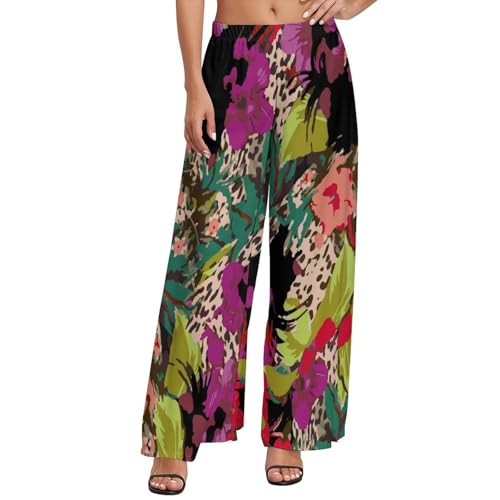 Womens Wide Leg Pants Leopard Zebra Mix Print Dressy High Waist Trousers Casual Loose Flowy Palazzo Pants