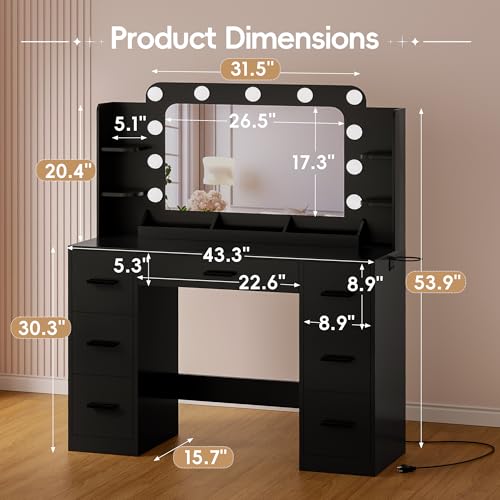 Image of Furmax Vanity Desk with Hollywood Style Mirror with LED Lights, Makeup Table Vanity with 2 AC Outlets and1 USB&1 Type-C Port, Adjustable Lighting, Modern Ample Storage Drawers Dressing Table (Black)