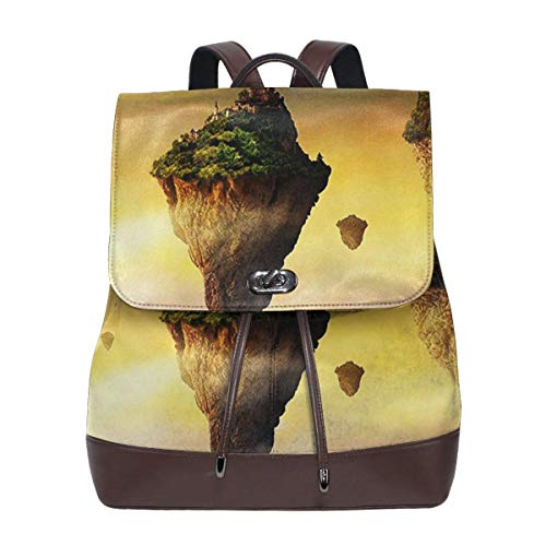 Mochila de Cuero Mujer Bolso Arte de fantasía de castillo flotante Estudiante Casual