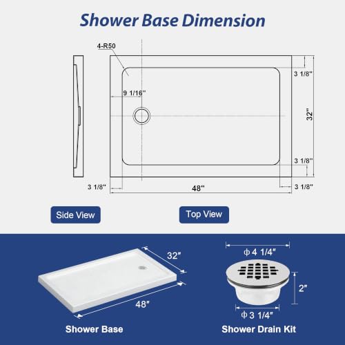 Image of KPUY 48'' L X 32'' W Shower Base Pan with Reversible Install, White