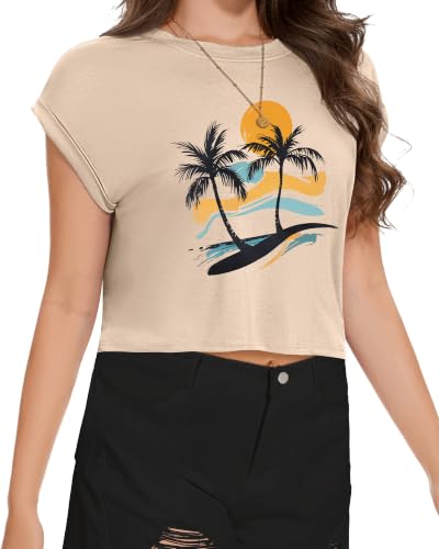 Image of Womens Crop Tops Summer Roll Cap Sleeve Cropped Tshirt Loose Fit Basic Tees