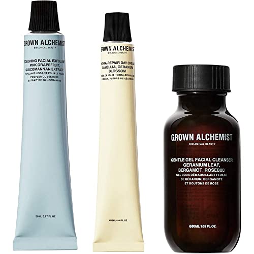 Grown Alchemist Mini Face Favorites Kit - Gentle Gel Facial Cleanser (50ml / 1.69oz), Hydra-Repair Day Cream (12ml / 0.4oz) & Polishing Facial Exfoliant (20ml / 0.67oz)