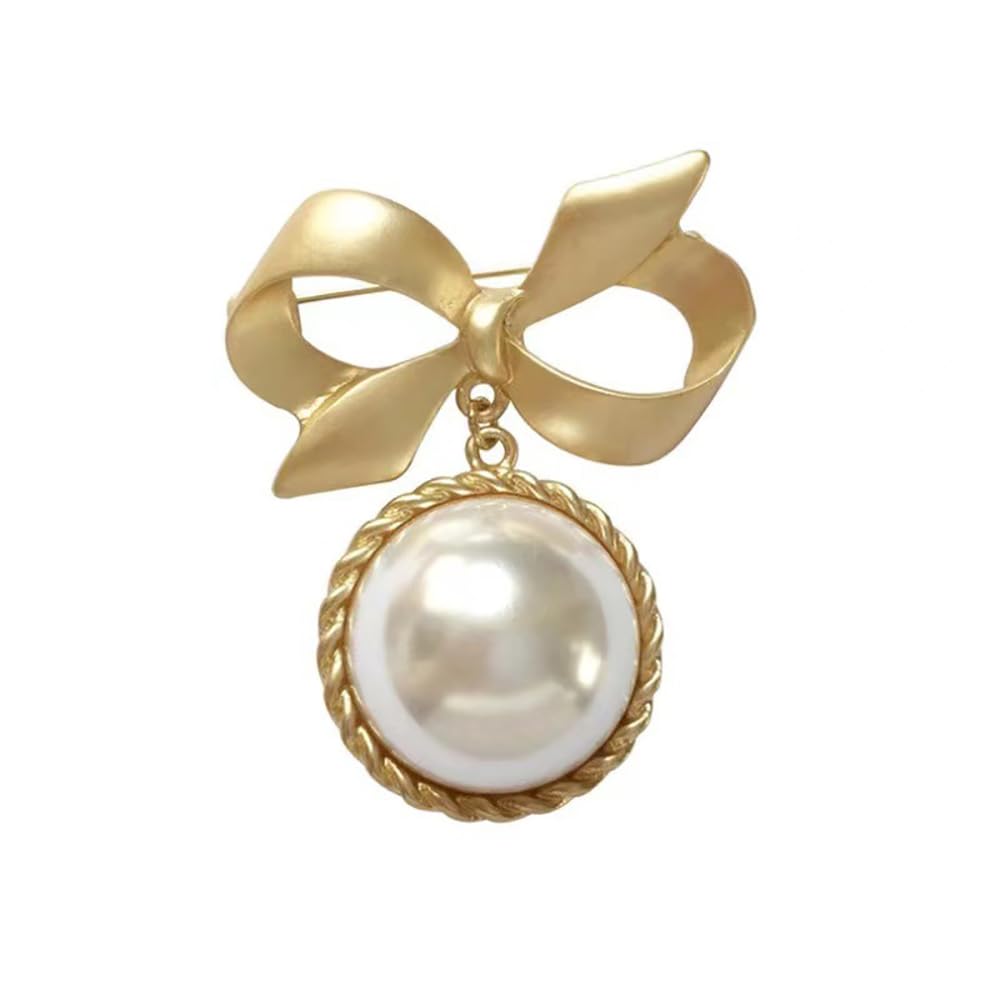 Bow Knot Faux Pearl Brooch Pin for Women Girls 14k Golden Plated Bowknot Ribbon Lapel Brooches Pins Vintage Christmas Birthday Jewelry Gifts for Suit