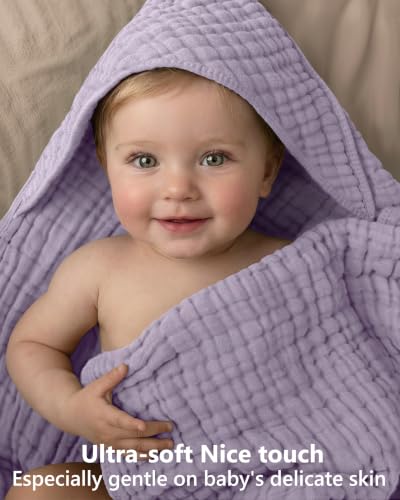 Image of Baby Bath Towels, 100% Muslin Cotton Hooded Baby Towels for Newborn, 2 Pack Baby Towels with Hood for Infant Toddler and Kids, Large 32x32Inch Bath Essentials, Soft and Absorbent