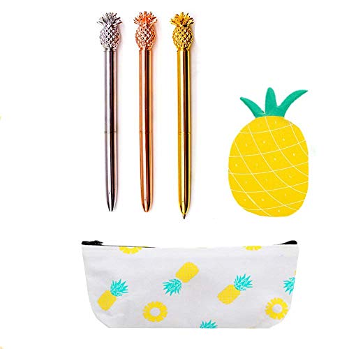 JeVenis Lot de 5 articles ananas - Stylos à bille avec pochette et notes autocollantes - Pour bureau, école, cadeau Cover