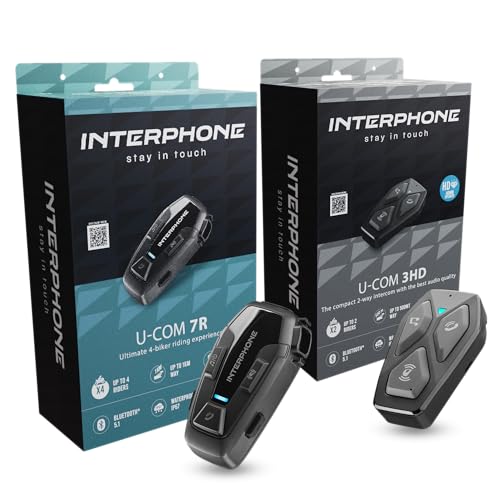 INTERPHONE U-COM 7R und U-COM 3HD Motorrad-Intercom-Set – Set für Fahrer und Beifahrer, Bluetooth 5.1 Headset, wasserdichte Motorrad Sprechanlage nach IP67, Gruppenkommunikation mit bis zu 4 Nutzern