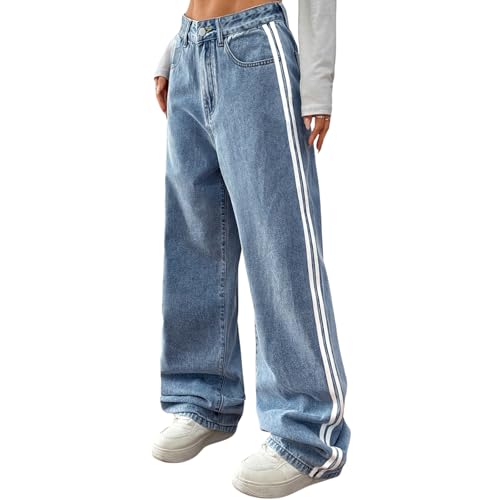 OTEEGX Baggy Jeans Women High Waisted Straight Leg Striped Jeans Wide Leg Patchwork Casual Denim Pants Blue-M