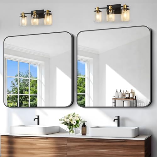 Image of Black Bathroom Mirror, 38x40 inch Aluminum Metal Frame Rectangular Vanity Mirror, Large Wall Mounted Rectangle Mirrors with Rounded Corner for Over Sink Bedroom Living Room Horizontal /Vertical
