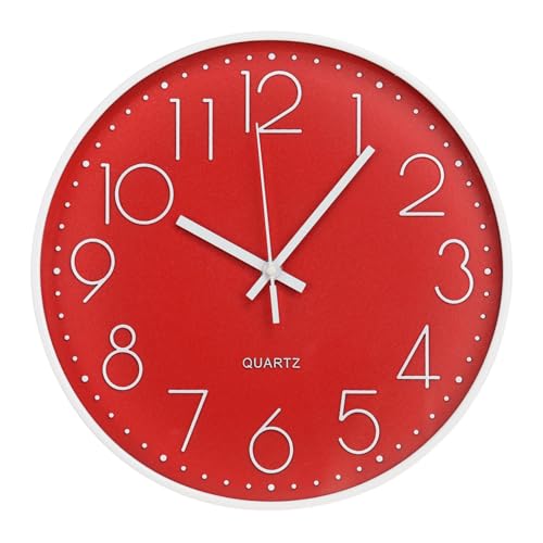 bakbrand Wall Clock 12 Inch Non-Ticking Silent Modern Simple Style Round Decor Clock Red Stereoscopic Dial Quartz Wall Clocks for Home/Office/School/Living Room/Bedroom/Kitchen