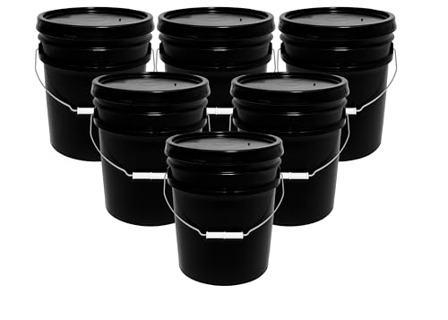 5 Gallon Bucket & Lid - 70 Mil All Purpose Pail - Made in The USA - Food Grade - Contains No BPA Plastic - Recyclable- 100% Recycled Material- Eco Sustainable Bucket (Black, 6)