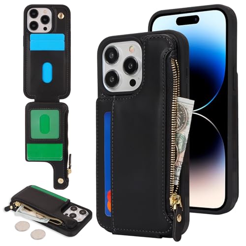 Étui pour iPhone 14 Pro avec Porte-Cartes Housse Portefeuille Zippée en Cuir Noir