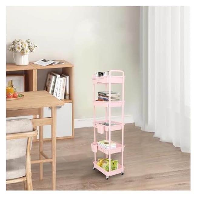 ´¢Îï³µ 5 Tier Rolling Utility Cart with Drawer,with Drawer & Extended Poles,with Plastic Shelf & Lockable Wheels,Smooth Mobility(Color77)-ZyTOme37