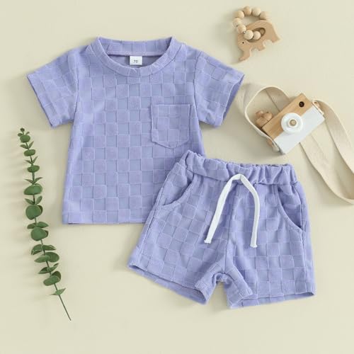 Unisex Toddler Baby Boy Girl Summer Clothes Short Sleeve T-Shirt+Shorts Checkerboard Two Piece Solid Outfit Set2