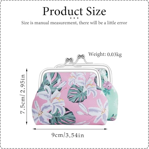 Image of FuninCrea 2 Pcs Faux Leather Coin Purse for Women with Kiss Lock, Floral Pattern Change and Coin Wallet Double Clasp Closure Mini Wallet for Cash Key(Green+Bright Pink)