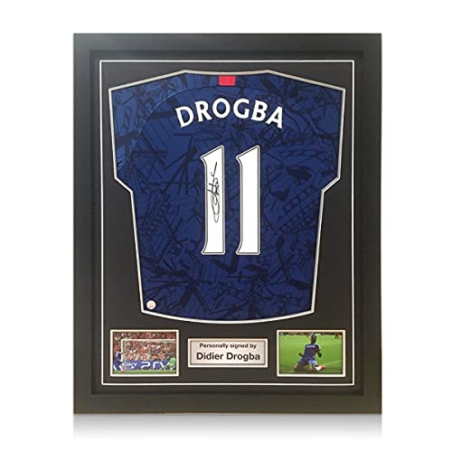 Exclusive Memorabilia Didier Drogba Signed Chelsea 2019-20 Soccer Jersey. Standard Frame | Autographed Memorabilia, Blue, One Size