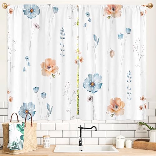 Vengaot Blue Watercolor Floral Kitchen Curtains 27.5W X 39L Inch