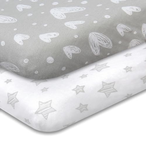 Image of Biloban Crib Sheets Fitted, 2 Pack Crib Sheet Fits for Standard Crib and Toddler Mattress, 100% Jersey Knit Cotton Crib Sheet for Baby Boys & Girl, Star and Heart Print