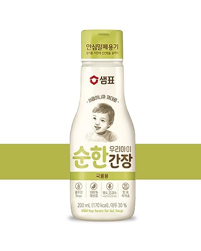 Sempio Kids Soy Sauce Low Sodium for Soup – Mild Baby & Toddler Seasoning, 50% Less Salt, Onion & Kelp Infused - Gluten Free, Non-GMO, Vegan - Crafted in Korea (6.7 fl oz/200 mL)