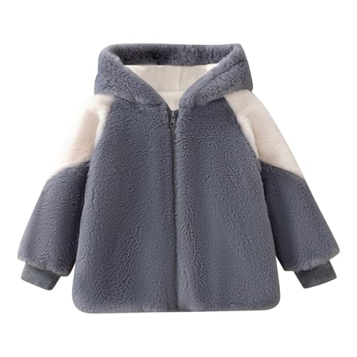 Boys Girls Fleece Jacket with Hood, Color Block Fuzzy Warm Winter Coats Kids Zip Up Hooded Plush Outwear 1-6 Years