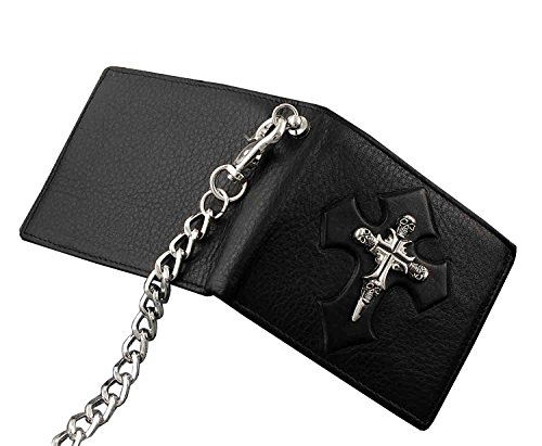 Skull Cross Mens Leather Bifold ID Card Money Wallet W/Jeans Chain2