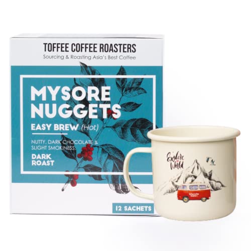 Image of Toffee Coffee Roasters Easy Brew (Hot Brew) Coffee | Mysore Nuggets | Free Enamel Mug|Pack of 12 Bags | Easy to Brew Pour Over Grounded Coffee Freshly Dark Roasted Notes: Dark Chocolaty, Nutty & Woody