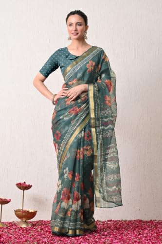 Image of MIRCHI FASHION Kota Doria Cotton Saree with Blouse Piece | Paisley Block Printed Saree for Women | Traditional Ethnic Daily Wear Summer Saree