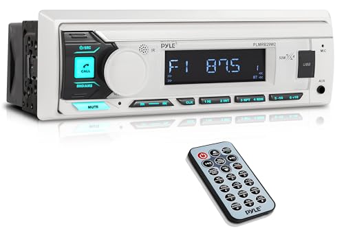 Pyle Marine Radio Single DIN Receiver Bluetooth Wireless Streaming AM/FM Tuner USB/AUX MP3 Playback Hands-Free Calling Remote Control RGB Buttons Splash-Resistant Stereo Upgrade