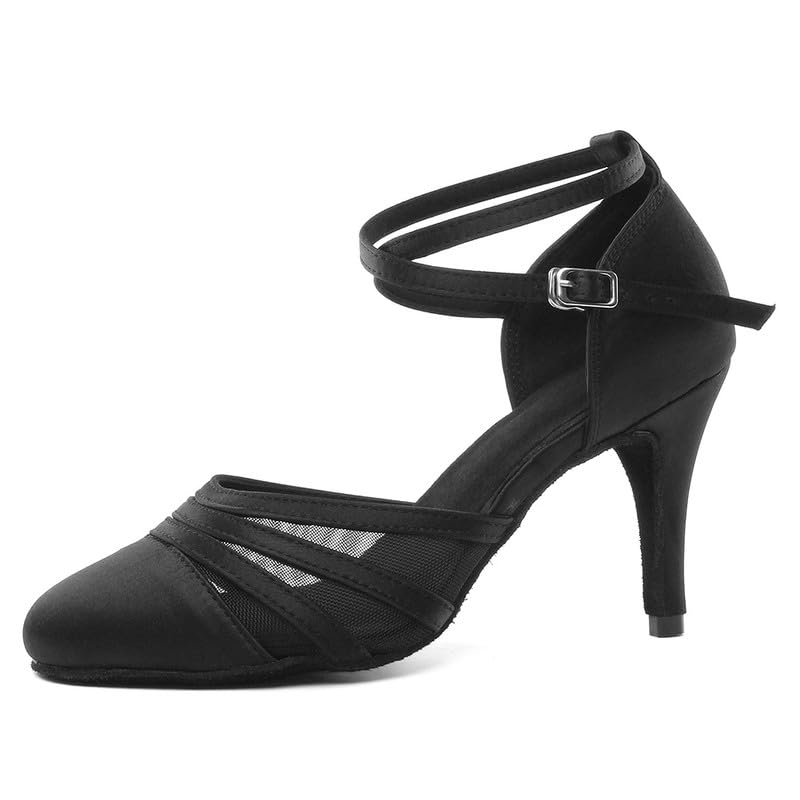 JUODVMP Women's Closed Toe Dance Heels Black Satin Latin Ballroom Dance Shoes for Wedding Party Model YCL189