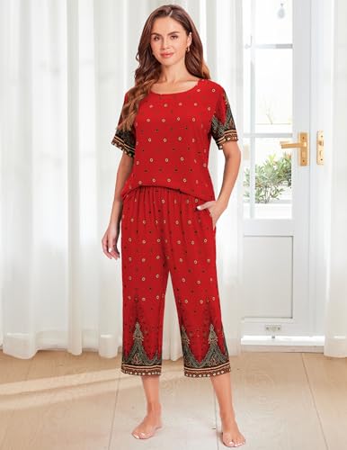 Image of Ekouaer Women's Two Piece Lounge Set Short Sleeve Shirt and Capri Pants Mumu Pajama with Pockets Loungewear Pjs Sets S-2XL