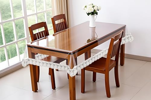 Image of The Furnishing Tree Rectangle Shaped 4 Seater Transparent Table Cover WxL 54x78 inches 0.25 mm Thickness with White Lace