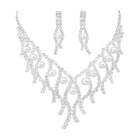 KONFEN Necklace and Earring Sets for Women, Rhinestones Faux Pearl Wedding Bridal jewellery Set for Women, Party Birthday Anniversary Christmas Mothers Day Valentine's Day Gifts Cover