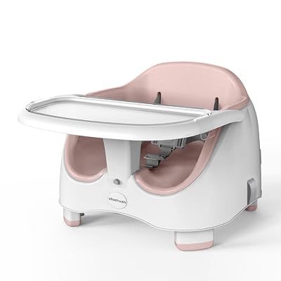 ALOO 2-in-1 Baby Booster Seat for Kitchen Chair or Floor, Portable Toddler Booster Chair with Removable Double-Layer Tray, Washable PU Cushion, 3-Point Safety Belt, Anti-Slip Feet, 6-36 Months