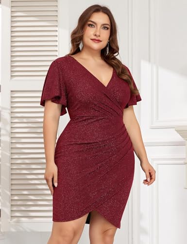 Image of ZOMVA Plus Size 0X-4X Sparkly Glitter Ruched Bodycon Mini Dress Sparkle Sequin Wrap Ruffle Sleeve Dress Cocktail Party Formal