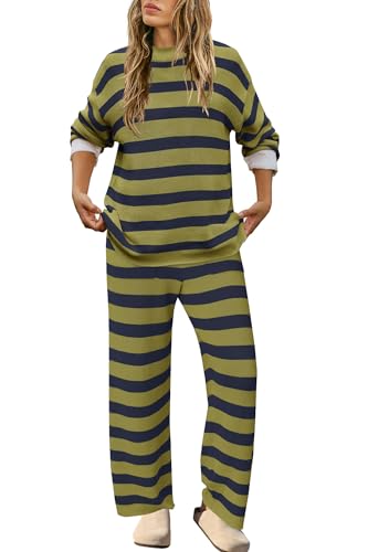 Image of SENSERISE Womens Striped Set Sweater Lounge Sets | Pajamas Set, Loungewear Set, Oversized Knit Sweater, Wide Leg Pants with Pockets, Fall Outfits, Pants Set